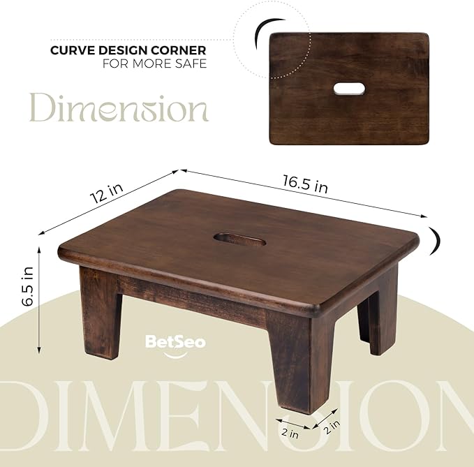 Wooden Step Stool (16.5" D x 12" W x 6.5" H) No Assembly Needed, Bed Steps for High Beds for Adults - Natural Solid Wood One Step Stool, Heavy Duty- Holds up to 600Lbs- Perfect Safety (Walnut Color)