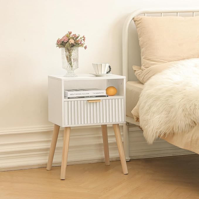 Night Stand, White Bedside Table with Drawers and Open Shelf, Fluted Nightstand with Solid Wood Legs for Bedroom, Dorm and Small Space (White)