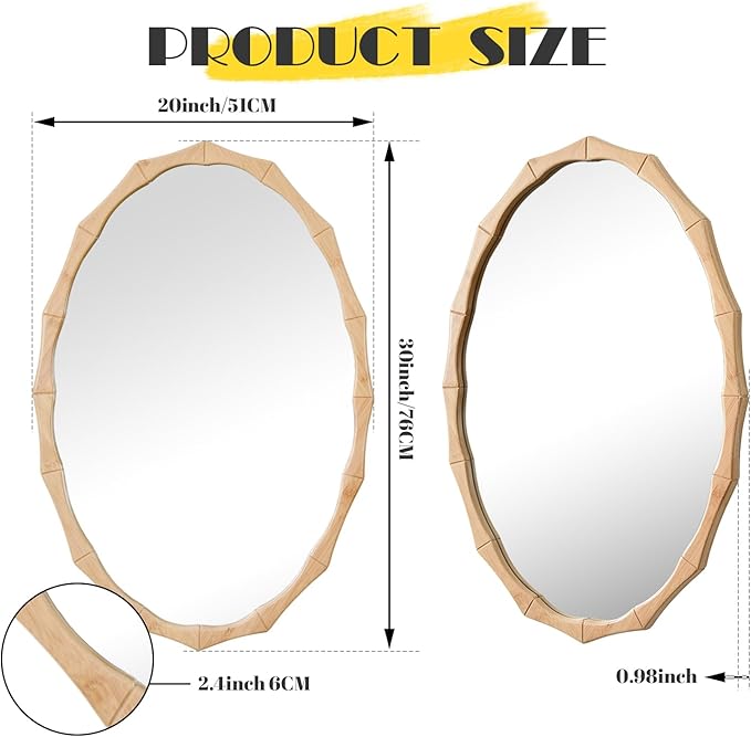 sawsile 20x30'' Rustic Oval Wood Mirror,Decorative Farmhouse Oval Mirrors,Bamboo Vanity Nature Mirrors for Bedroom, Bathroom, Living Room,or Entryway