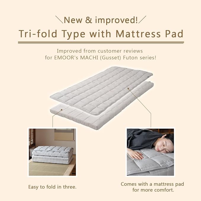 EMOOR Japanese Tri-fold Futon Mattress Machi with Mattress Pad Small-Twin Gray, Gusset Foldable Storable Washable Floor Sleeping Guest Bed Tatami Mat