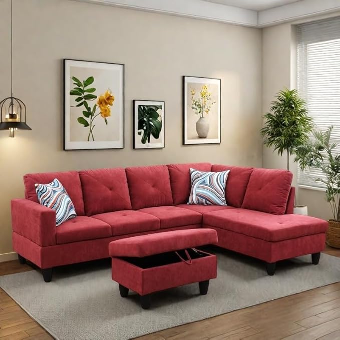 NAYSAYE L Shaped Couch, Modular Sectional Couch with Ottoman Storage, Modern Lounge Sofa Convertible Sectional Couches for Living Room, Apartment, Red