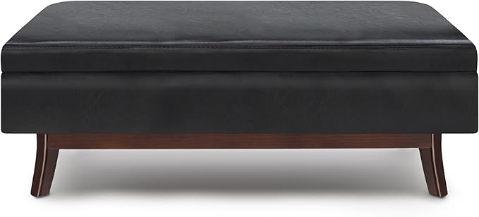 SIMPLIHOME Owen 48 inch Wide Mid Century Modern Rectangle Rectangular Storage Ottoman in Midnight Black Vegan Faux Leather, Assembled, for the Living Room, Entryway and Family Room