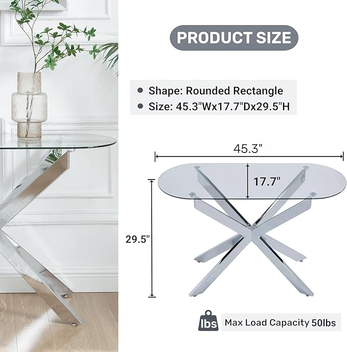 Modern Glass Oval Console Table, Entryway Hallway Narrow Sofa Table, Entrance for Entryway, Living Room, Foyer, Hallway, Office, 45" Lx18 Wx30 H Silver