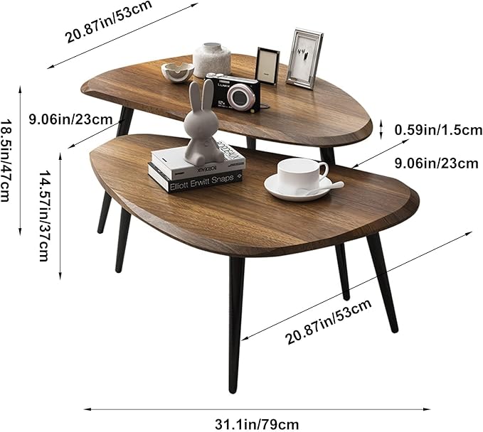 Midcentury Nesting Coffee Table Set of 2, Mid Century Modern Walnut Wood Oval Coffee Tables for Living Room, Compact Coffee Table and Side Table Set for Sofa Bedside Office Balcony or Small Spaces