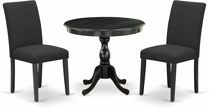 East West Furniture AMAB3-ABK-24 3 Piece Modern Dining Table Set Contains a Round Kitchen Table with Pedestal and 2 Black Color Linen Fabric Upholstered Chairs, 36x36 Inch, Wirebrushed Black