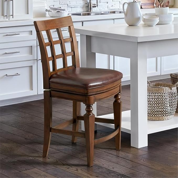 Napa Counter Height Stool with Back, Mahogany - Elegant Trellis Back Design, Faux Leather Upholstery, Foam-Filled Seat, Steel Memory Return Swivel, Seat Height 26 in, Footrest at 6 3/4 in.