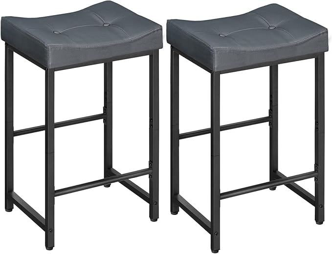 HOOBRO Barstools,25.4" Saddle Stools with PU Upholstery, Counter Height Stools with Footrest, Kitchen Breakfast Chairs, for Dining Room, Cafe, Bar, Gray and Black BGZ23BY01
