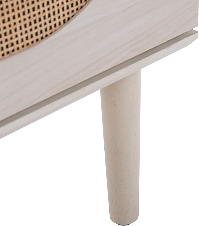 SAFAVIEH Claude TV Stand for up to 65" Flatscreen – Bleached White & Natural Rattan, 2 Sliding Doors with Interior Storage, 2 Open Shelves, Entertainment Media Console (MED9610C)