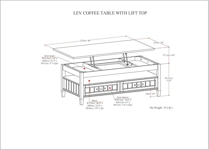 SIMPLIHOME Lev Lift Top Coffee Table - 48 inch Wide Solid Wood Rectangle Living Room Table in Smoky Brown, Transitional Cocktail Table for Family Room with Hidden Storage and Open Shelf