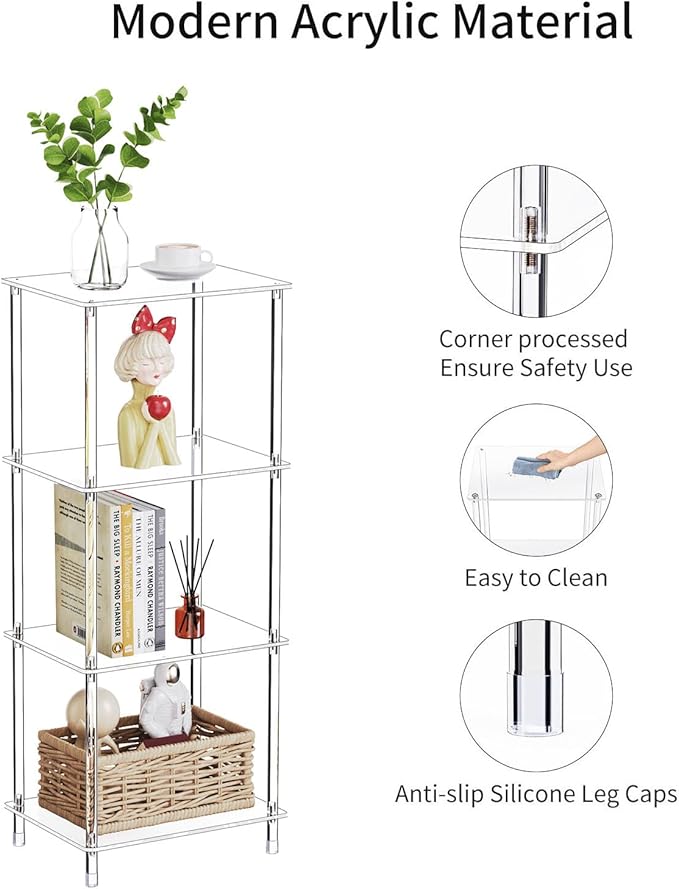 Clear Acrylic Side Table, 15.7" L x 11.8" W x 38.7" H, 4-Tier End Table for Living Room, Small Modern Bedside Tables Nightstand for Bedroom, Home Decor Accent Table JJ0011-01