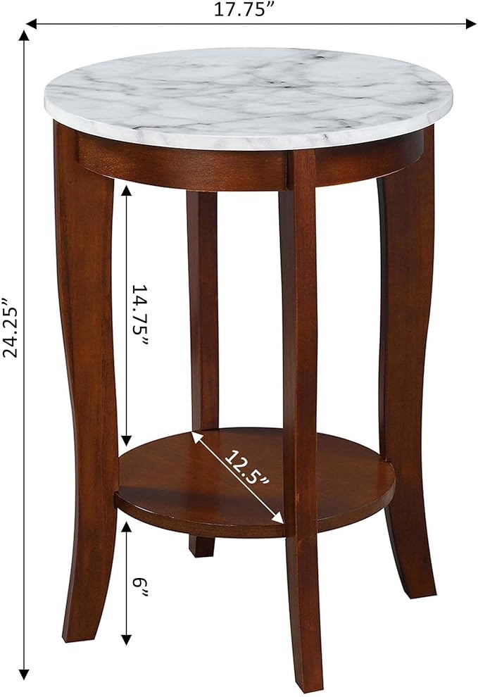 Convenience Concepts American Heritage Round End Table, White Faux Marble / Espresso