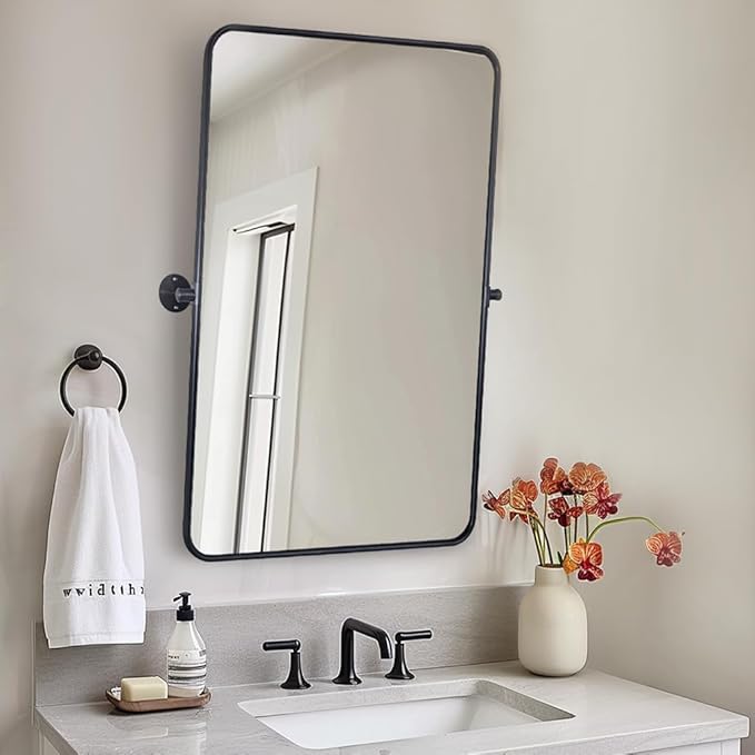 ANDY STAR Pivot Bathroom Mirror, 24 x 36 Inch Black Tilting Mirror for Bathroom with Rounded Corner Tube Metal Frame Design, Black Vanity Rectangle Mirror for Wall, Hangs Vertically Farmhouse Style