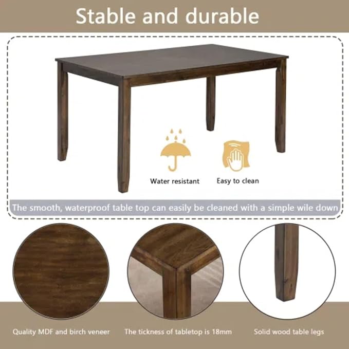 6-Piece Dining Table Set for 4-6 People, Kitchen Set with 4 Upholstered Chairs and One Bench, Living Room Chairs with X-Shape Backrest, Rectangular Wooden Table for Home Bar, Walnut