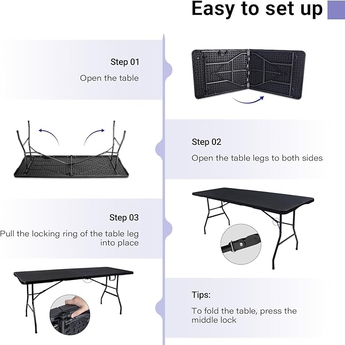 Folding Table 6ft Portable Heavy Duty Plastic Fold-in-Half 6 Foot Foldable Table Utility Dining Indoor Outdoor for Camping Picnic and Party, Black
