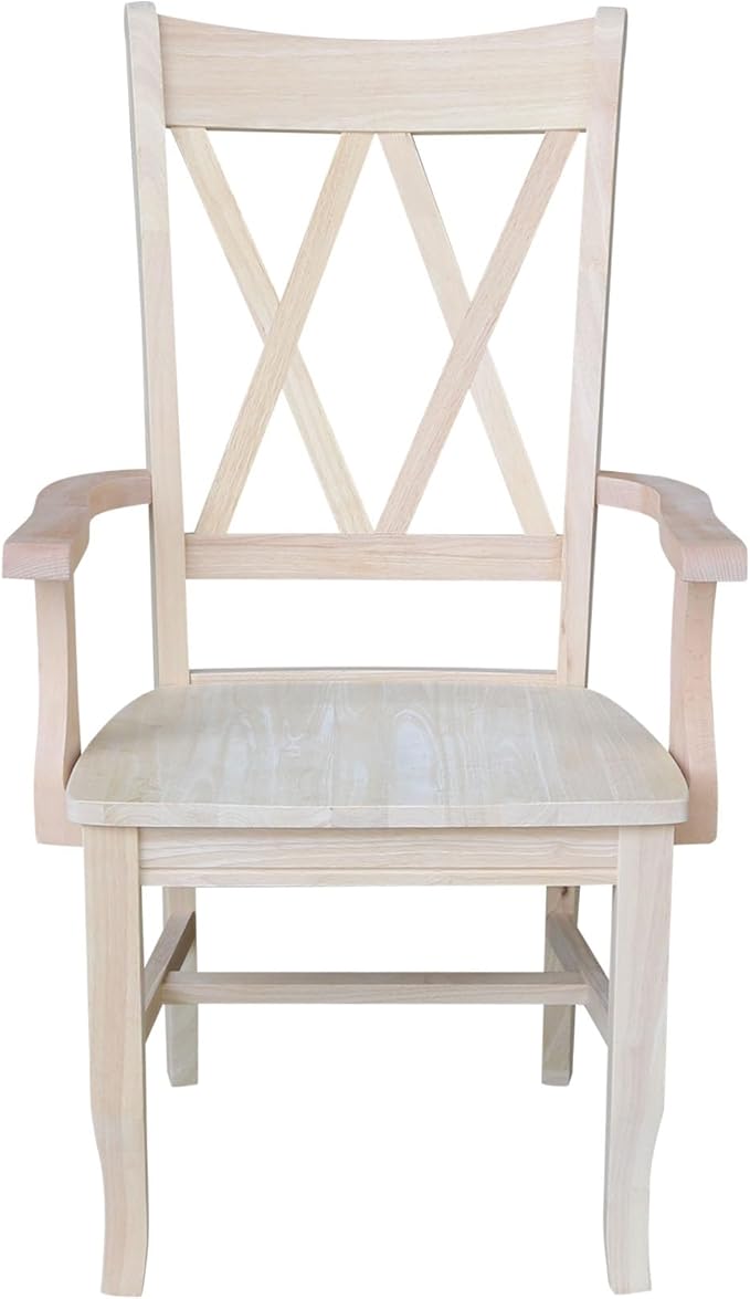 Solid Wood Double X-Back Dining Chair with Arms in Unfinished Parawood, Classic Kitchen/Dining Furniture, Stainable & Paintable, 23.6" W x 22" D x 41.3" H, Wide Arm Width, Traditional & Durable