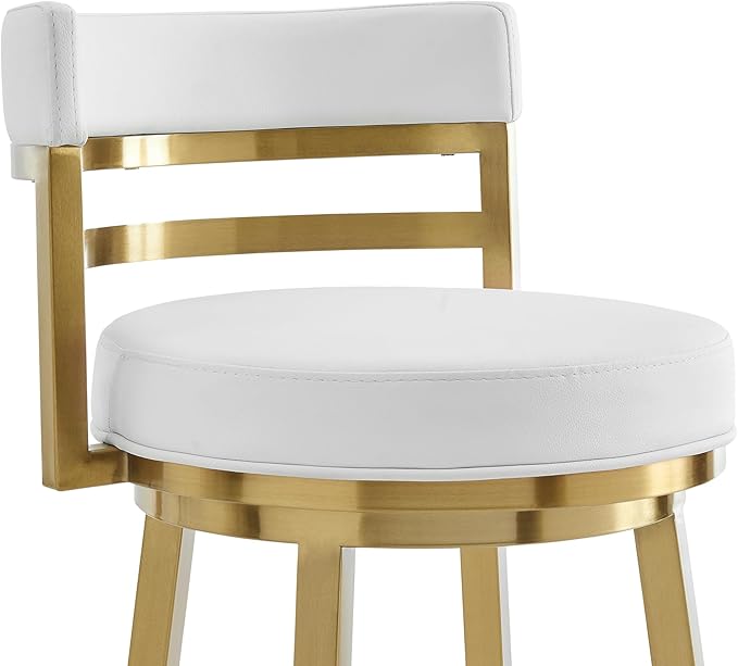 Armen Living Madrid 30" Seat Height Swivel Modern White Faux Leather and Gold Brushed Stainless Steel Bar Stool for Kitchen Island Counter