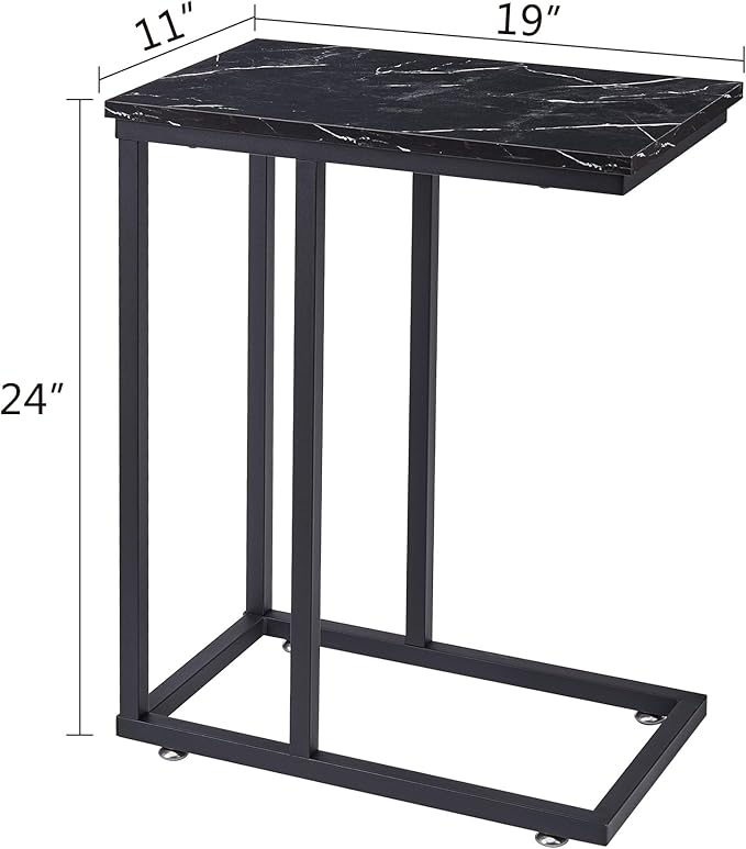 VECELO C Shaped End Side Table for Sofa Couch and Bed Snack TV Tray for Living Room Bedroom, 1 Set, Black Marble