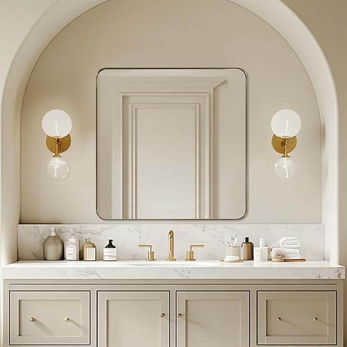 ANDY STAR Square Wall Mirror for Bathroom, 24”x24” Brushed Gold Bathroom Mirror, Rounded Corner Metal Mirror in Premium Stainless Steel Frame Hangs Horizontal Or Vertical（No Rose Gold）