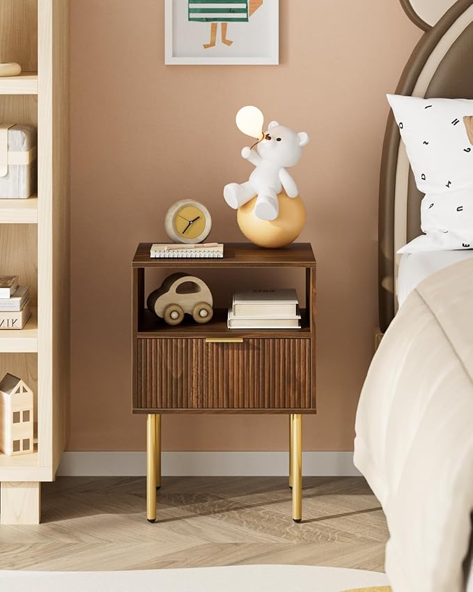 Nightstand,Small Bedside Table with Gold Frame,Morden Night Stand with 2 Drawer,End Table,Side Table with Drawer and Shelf for Bedroom,Living Room (Grey-1Drawer)