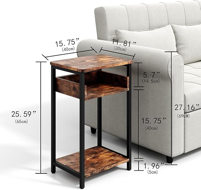 Side Table, 25 inch High End Table, Small Bedside Table for Living Room, Bedroom and Office, Rustic Brown & Black