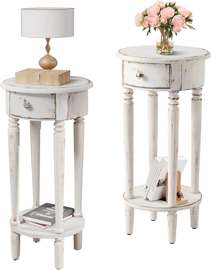 COSIEST Tall End Table with Drawer Sets of 2, Round Nightstand Bedside Table with Storage Shelf, Industrial Telephone End Table for Living Room, Bedroom, Hall Way, Space Saving