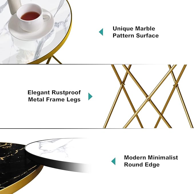 HLR Modern Round Side Table, End Table with Marble Effect Top and Gold Metal Frame, Small Side Table for Living Room, Bedroom, Sofa and Couch, Gold Legs, White Marble top