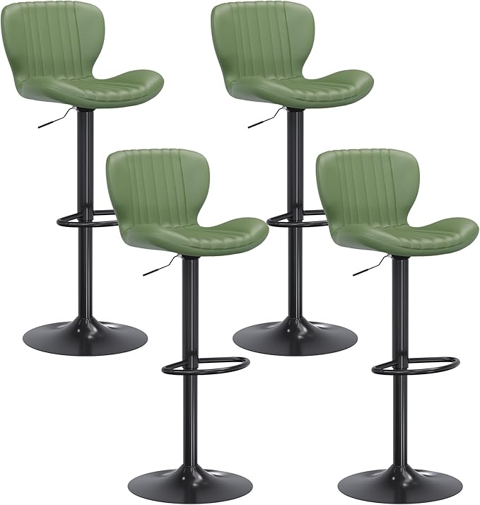 Shintenchi Bar Stools Set of 4 Modern Swivel Bar Chairs, Counter Height Faux Leather Metal Barstools, Upholstered Island Chairs with Back and Footrest, Green