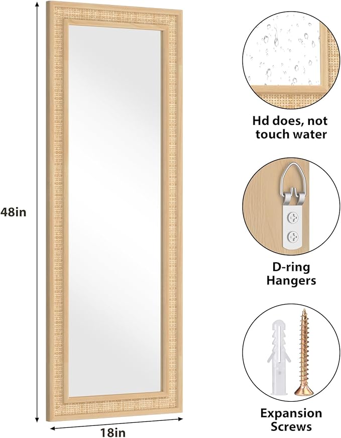 Rattan Wall Mirror with Wooden Framed 18 X 48 inch Farmhouse Rectangle Wood Mirror for Modern Decorative Bathroom, Living Room, Entryway, Bedroom