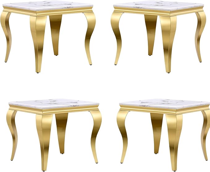End Table, White and Gold Side Table for Living Room, Bedroom, Glam Stable End Table with Square White Top and Polished Gold Cabriole Legs, Set of 4