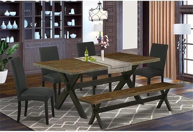 East West Furniture X677DR124-6 6 Piece Dining Set Contains a Rectangle Dining Room Table with X-Legs and 4 Black Color Linen Fabric Upholstered Chairs with a Bench, 40x72 Inch, Multi-Color