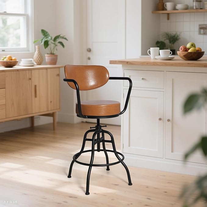 Diwhy Industrial Design Adjustable Height 21.65" - 26" Brown Leather Upholstered Backrest Seat Arm Chair Vintage Counter Stool