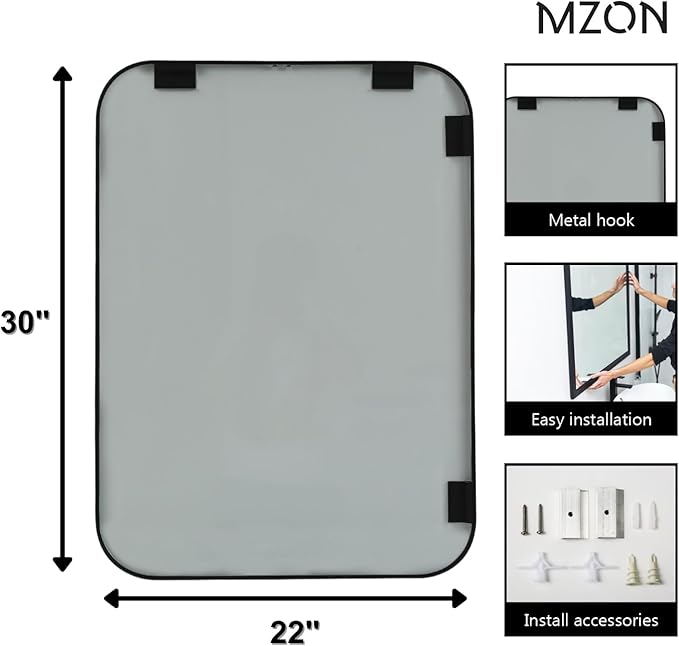 MZON 22x30 Inch Matte Black Bathroom Mirror, Rectangle Wall Mirror for Bathroom, Anti-Rust Frame & Tempered Glass, Hangs Horizontally/Vertically - Farmhouse, or Modern Bathroom Decor