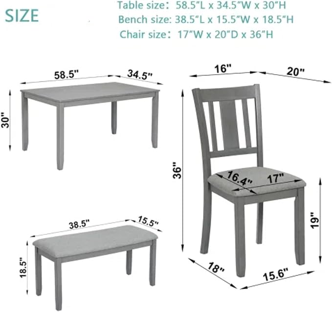 6-Piece Dining Table Set for 4-6 People, Kitchen Set with 4 Upholstered Chairs and One Bench, Living Room Chairs with Slatted Backrest, Rectangular Wooden Table for Home Bar and Kitchen, Gray