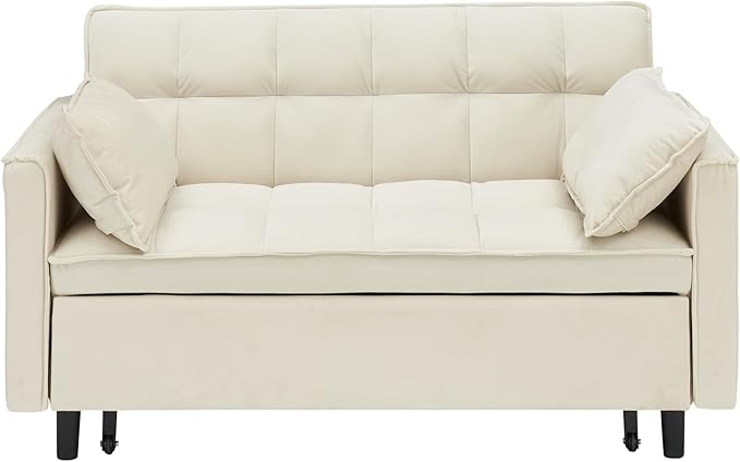 Ball & Cast Convertible Sofa Bed,Loveseat Sleeper Sofa W/Pull-Out Bed&2 Pillows,Convertible Pull Out Couch W/Adjustable Backrest&Side Pocket,Velvet Futon Couches for Living Room,Apartment,Beige,55"