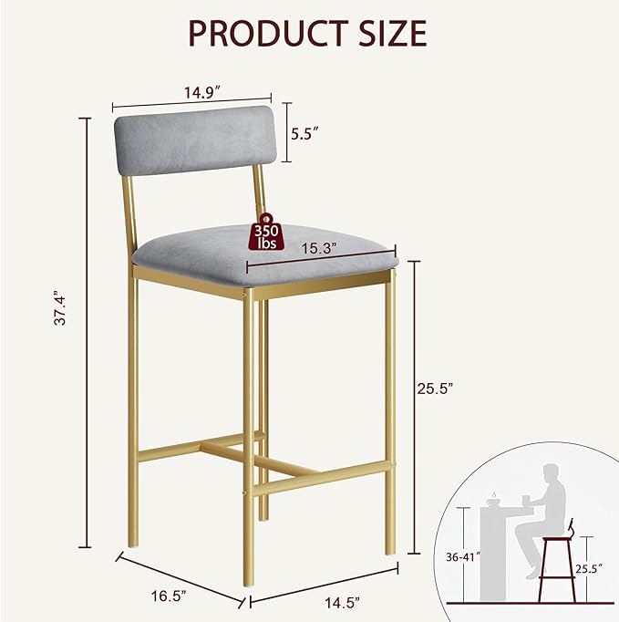GarveeHome Bar Stools Set of 2, Upholstered Counter Height Bar Stools with Backrest and Footrest, Kitchen Barstools for Island, Counter Bar, Easy Assembly, Gold-Gray