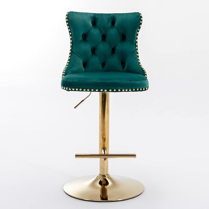 PacknWood Acosure Golden Swivel Velvet Bar Stools Adjusatble Seat Height from 25-33" with Backs Comfortable Tufted,Modern Upholstered Furniture Chairs W/for Home Pub Kitchen,Green,Set of 2
