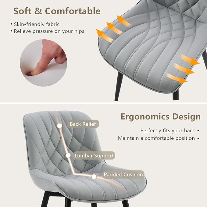 YOUNUOKE Dining Chairs Set of 2 Mid Century Modern Kitchen Chair Comfortable Upholstered Faux Leather Dinner Chairs for Kitchen Dining Room, Grey
