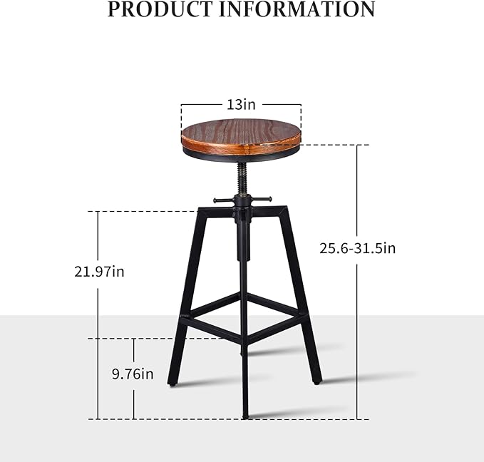 Diwhy Industrial Bar Stools, Kitchen Dining Chair, Wood Metal Stool, Adjustable Height Swivel Counter Height Chair, Black, Fully Welded Set of 2 (Brown Wooden Top)