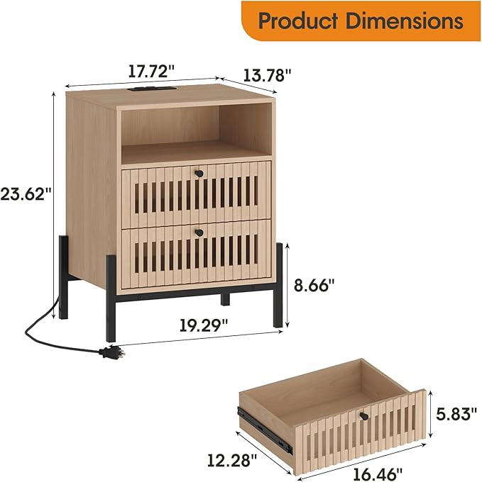 Vabches Nightstand with Charging Station and USB Ports,Industrial Style Fluted End Table, Bedside Table with 2 Drawers and Open Shelf, Sofa Side Table for Bedroom, Living Room, Set of 1