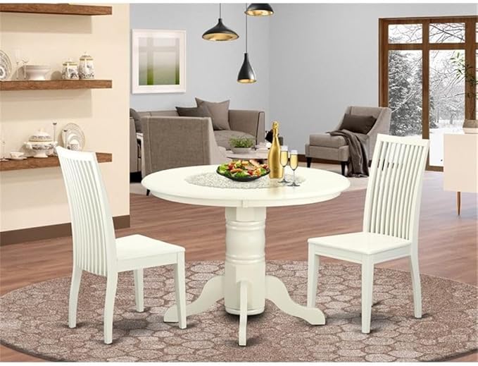 East West Furniture SHIP3-LWH-W 3 Piece Dinette Set for Small Spaces Contains a Round Kitchen Table with Pedestal and 2 Dining Chairs, 42x42 Inch, Linen White