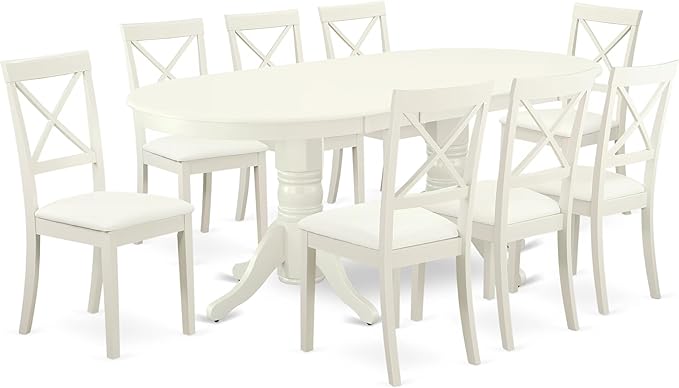 East West Furniture VABO9-LWH-LC 9 Piece Dining Set Includes an Oval Dining Room Table with Butterfly Leaf and 8 Faux Leather Upholstered Kitchen Chairs, 40x76 Inch, Linen White