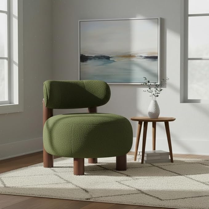 Modern Boucle Accent Chair Set of 2, with Plush Faux Sherpa Upholstery, Curved Backrest, Solid Wood Legs for Living Room Bedroom Reading Nook, 27.5", Green