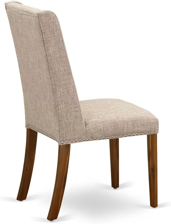 NEFL5-AWA-04-5-Piece Dining Room Set Consists of a Wooden Table and 4 Light Tan Linen Fabric upholstered Chairs with Padded Chair Back - Antique Walnut Finish.