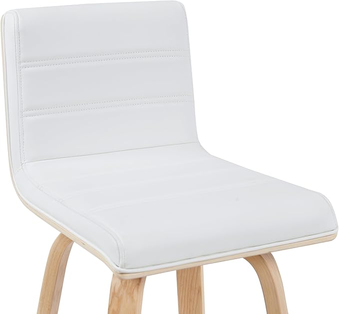 Armen Living Vienna Modern Swivel 30" Bar Height Barstool with White Faux Leather and Patterned Oak Wood Finish