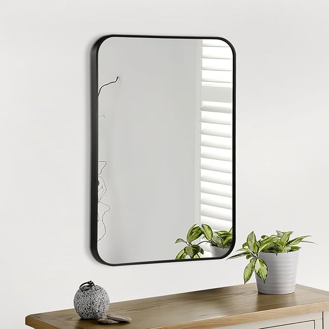 Black Bathroom Mirror, 26x38 Inch Matte Black Mirror, Aluminum Alloy Framed Vanity Mirror, Rounded Rectangle Mirror for Over Sink, Anti-Rust Wall Mirror (Horizontally or Vertically)