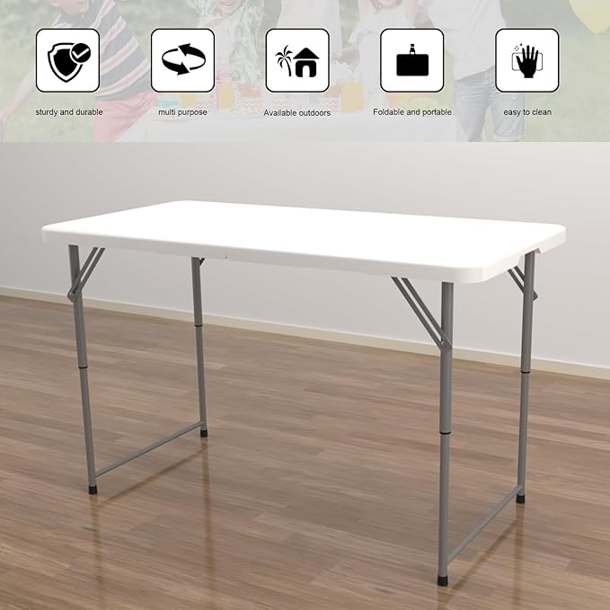 48" W x 24" D x 29.5" H - 4FT Adjustable Height Heavy Duty Plastic Fold-in-Half Foldable Table，White Portable Folding Table with Carrying Handle for Camping & Party