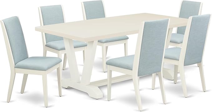 East West Furniture V027LA015-7 7 Piece Dining Table Set Consist of a Rectangle Dining Room Table with V-Legs and 6 Baby Blue Linen Fabric Parsons Chairs, 40x72 Inch, Multi-Color