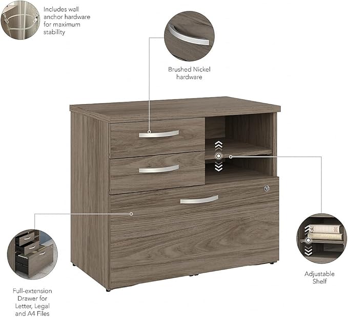 Bush Business Furniture Studio C Office Storage Cabinet with Drawers and Shelves in Modern Hickory, Organization for Home or Professional Workspace