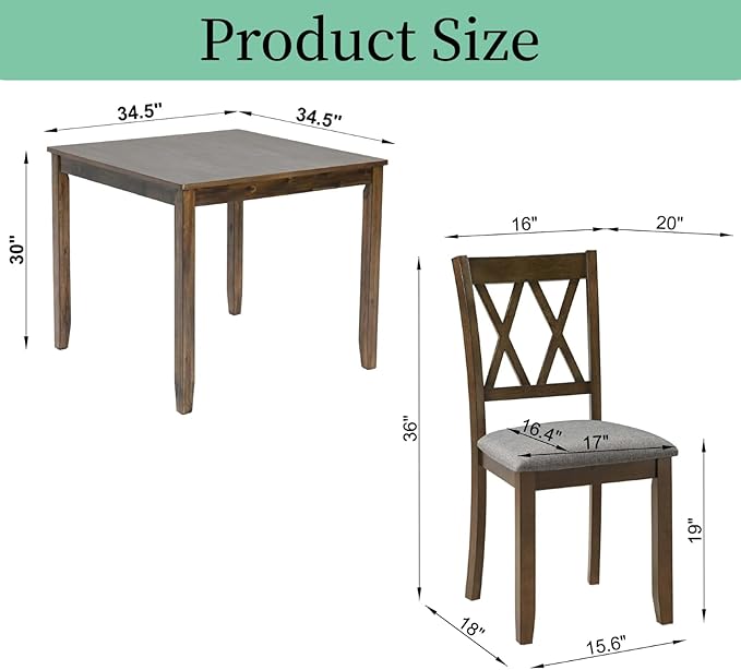 Dining Table Set, Wooden Kitchen Table Set with Square Table, 4 Vertical X Backrest Upholstered Chairs, Table and Chairs with Non-Slip Feetmats for 4 People, Living Room and Kitchen, Walnut