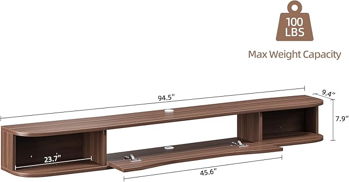 Floating TV Stand,94'' Wall Mounted TV Cabinet,Floating TV Console,Under TV Shelf with 1 Door and 2 Cabinets for TVs up to 90''(Walnut)